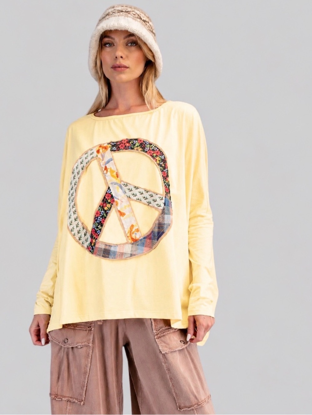 NWT EASEL Peace Sign Patchwork Oversized Tunic Top - Picture 2 of 3